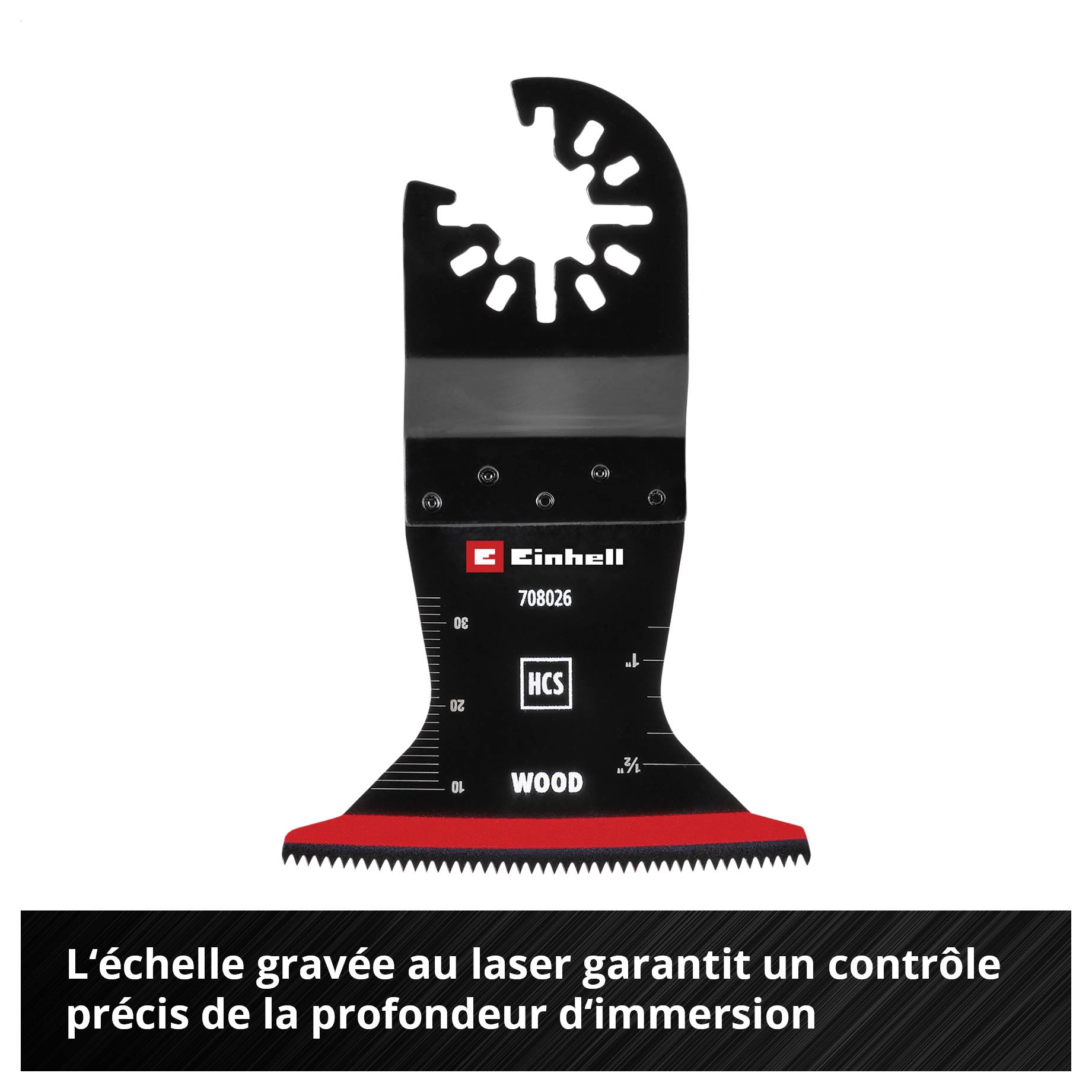 Lame de scie multi-usages pour bois, noire, avec ouverture en forme d'écaille en haut ; bord rouge en bas. « L'échelle gravée au laser garantit un contrôle précis de la profondeur de pénétration. »