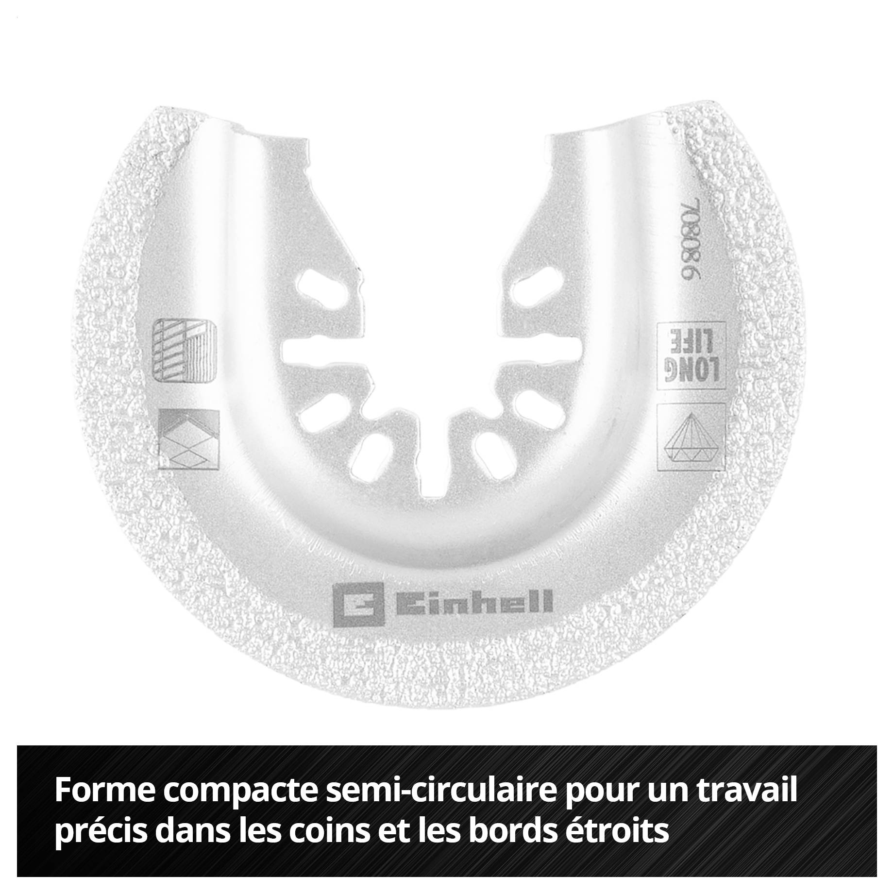 Un accessoire de scie de séparation demi-rond d'Einhell est présenté, idéal pour les travaux de précision dans les coins et les arêtes étroits.
