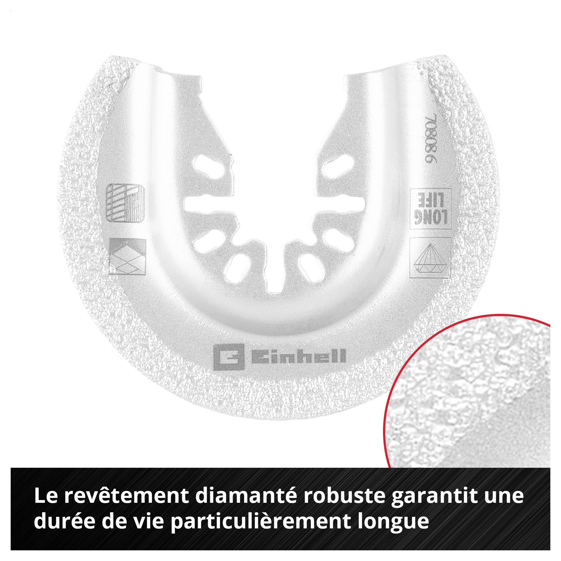 Lame de scie métaux avec revêtement diamanté robuste. Texte : « Un revêtement diamanté robuste assure une durée de vie particulièrement longue ».