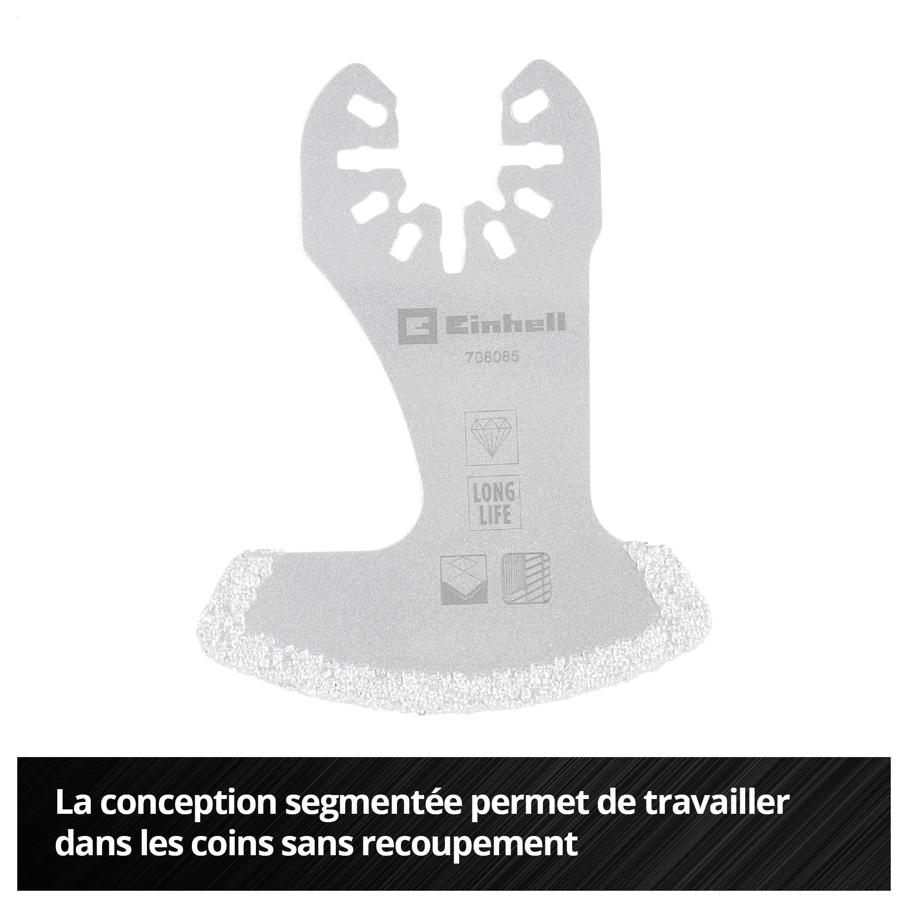 « Le design segmenté permet de travailler dans les coins sans dépassement. » Un design de lame segmentée métallique avec granulation sur le bord.