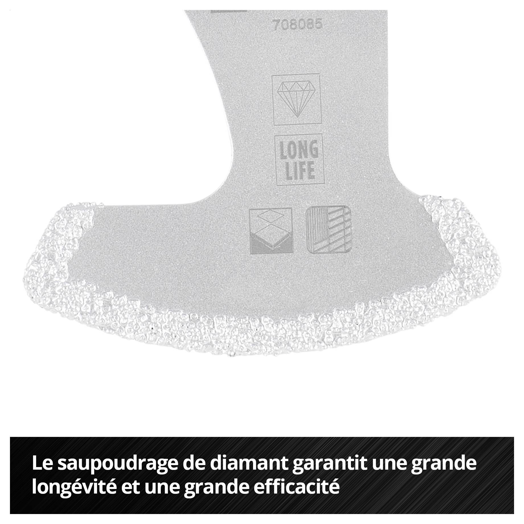 Lame serrée de diamants pour une durabilité et une efficacité élevées lors des travaux de coupe, incluant des symboles de qualité et de longévité.