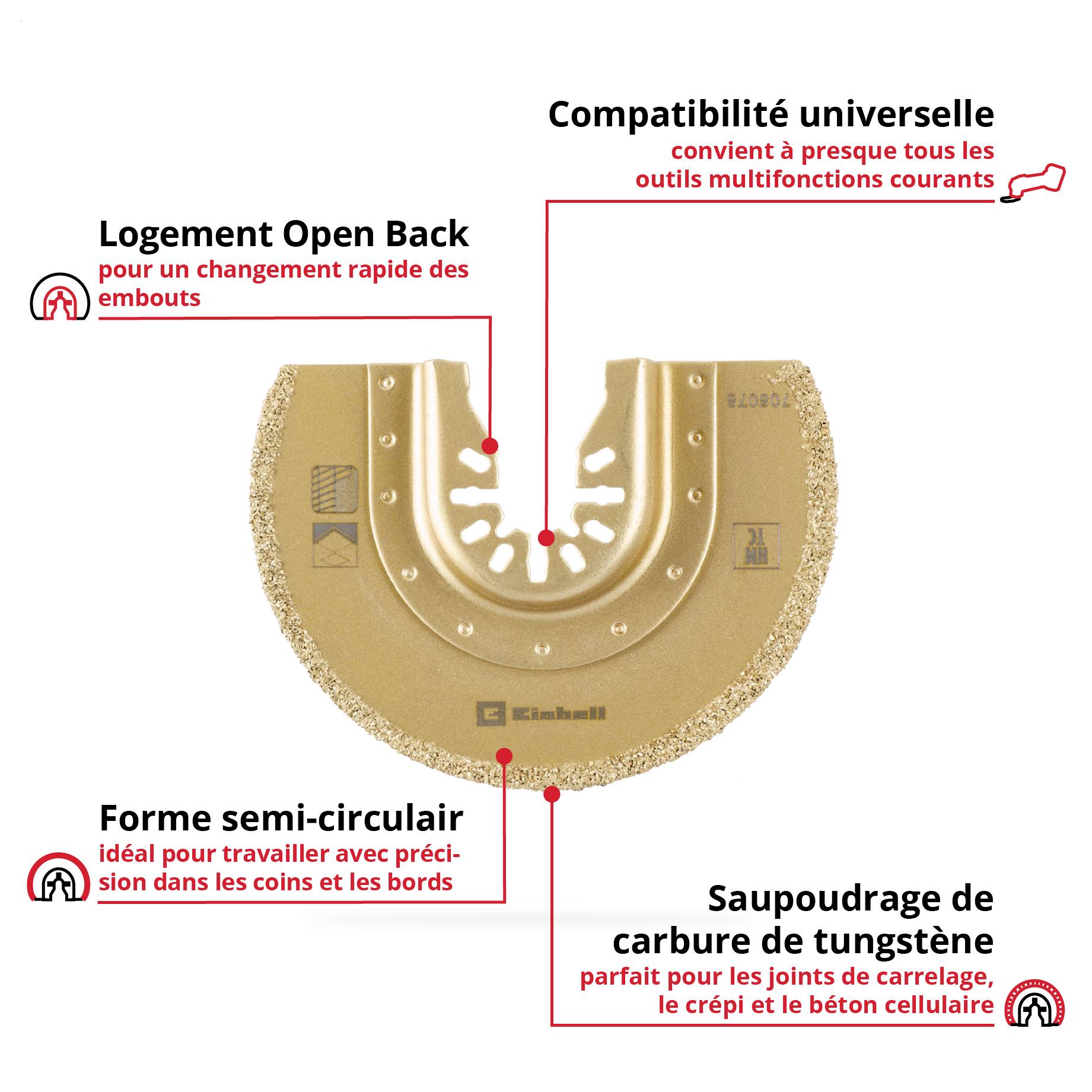 Embout multioutil, demi-rond avec revêtement carbure. Idéal pour les joints, le bois, le plastique. Universellement compatible, changement facile.