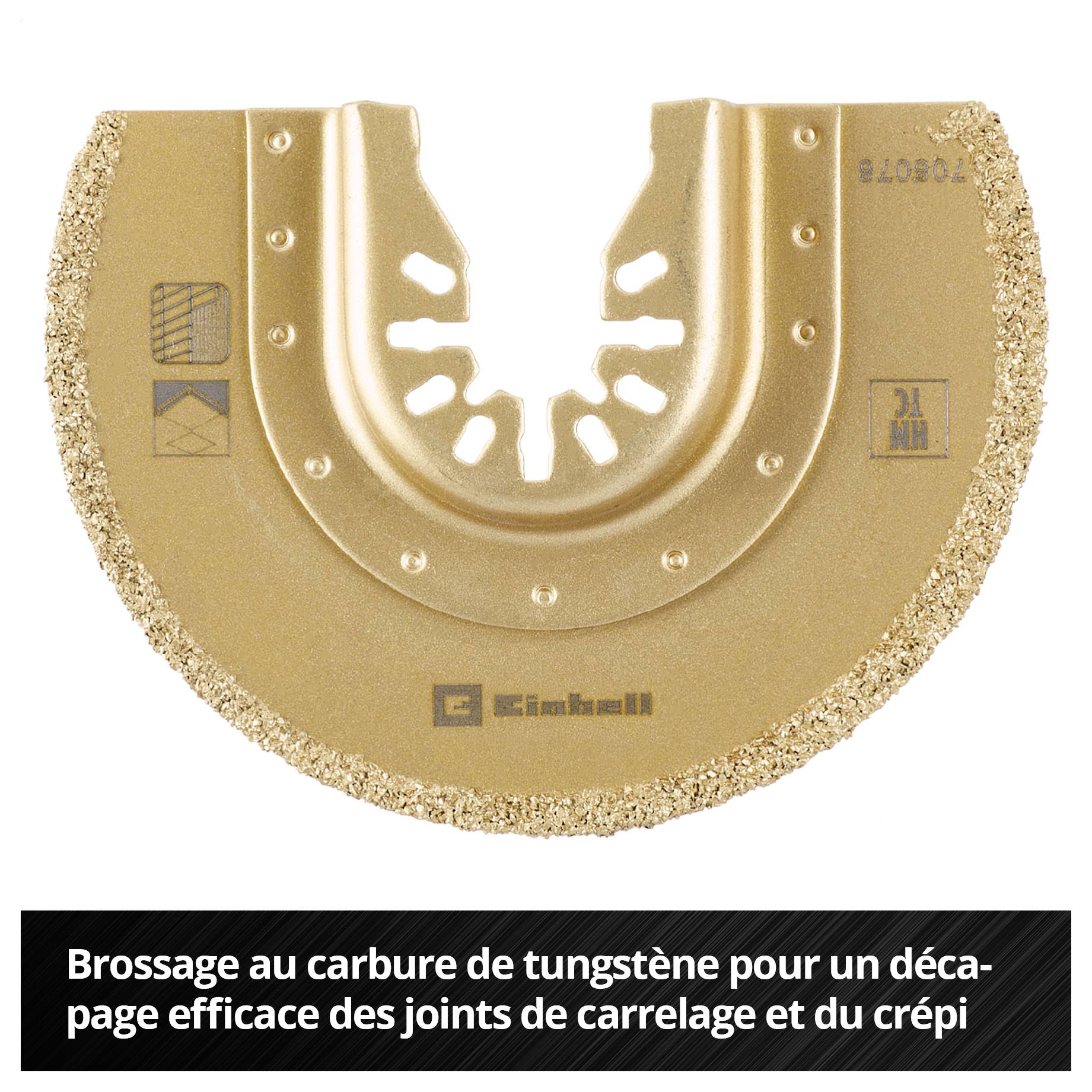 Une lame de scie demi-circulaire avec bords revêtus de carbure, appropriée pour l'enlèvement rapide et précis des joints de carrelage.