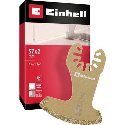 Emballage d'une lame de scie Einhell d'une taille de 57x2 mm, pour une coupe de précision. Affiche le produit avec le logo HM-TC et Quick-Change.