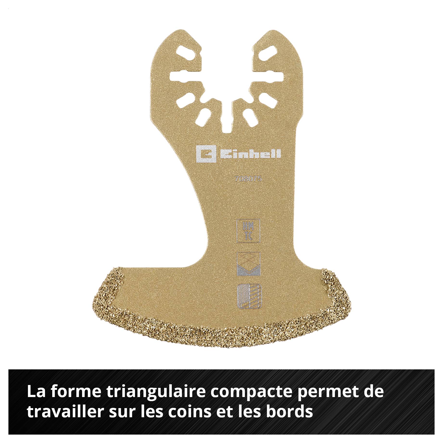 Lame de scie segmentée avec revêtement doré, appropriée pour les coins et les bords difficiles d'accès. Texte : « Forme segmentée idéale ».