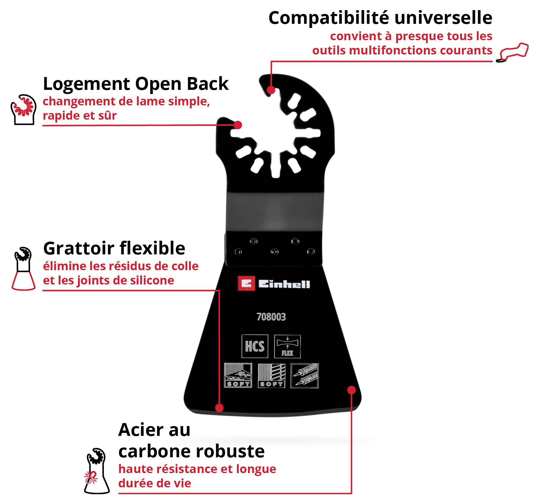 Accessoire de lame 'Einhell' pour multioutils, compatible universellement, changement facile, enlève les résidus de colle, acier au carbone durable.