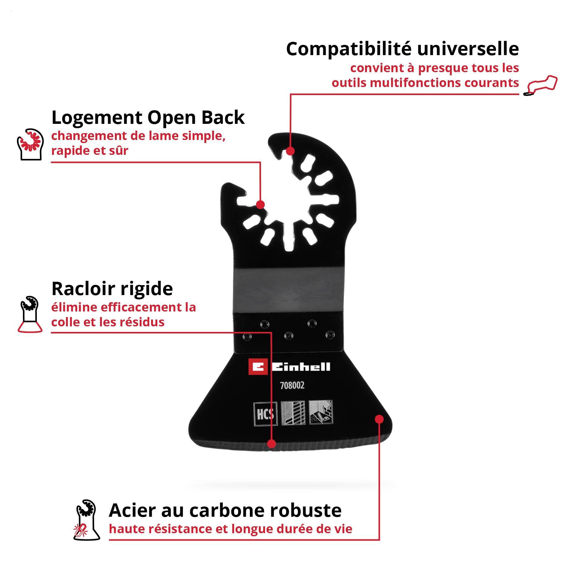 'Racloir Einhell Starlock HM' avec les caractéristiques : universellement compatible, prise à dos ouvert, racloir rigide, acier au carbone robuste.