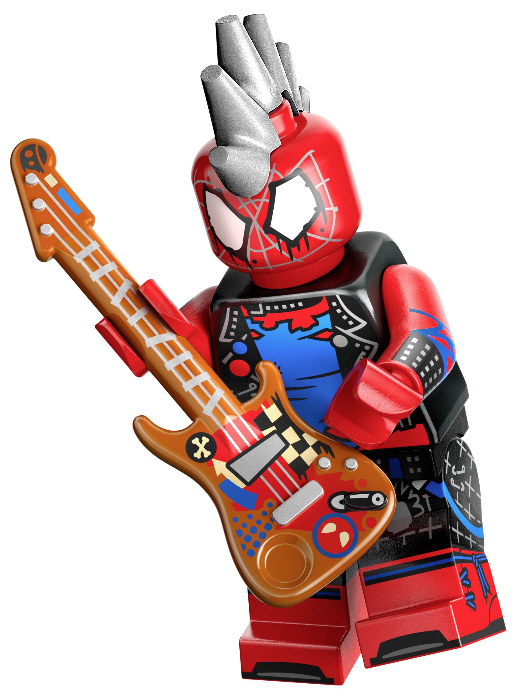 Une figurine LEGO inspirée d'un thème de superhéros, portant un masque rouge, avec des motifs de toile d'araignée et des piques, tenant une guitare électrique orange avec des décalcomanies.