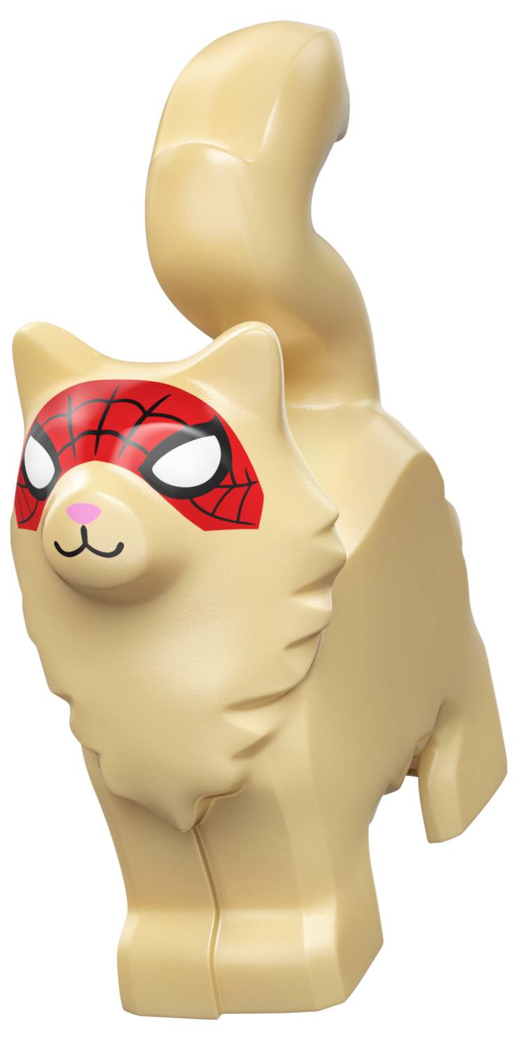 Une figurine de chat beige se tient debout avec un masque rouge ressemblant au style d'un superhéros. Sa queue est relevée, et son expression est enjouée.