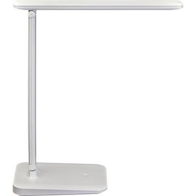 Une lampe de bureau blanche, moderne, dotée d'une tête et d'une base plates et rectangulaires, avec un col ajustable, conçue pour l'éclairage de travail.