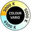 Roue chromatique montrant « COLOUR VARIO » au centre avec des sections étiquetées 3000 K, 5000 K et 6500 K, indiquant la température de couleur.