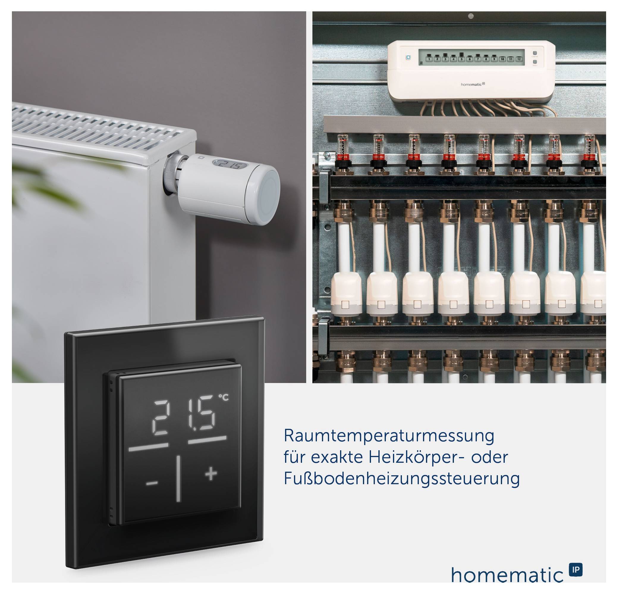 Publicité pour la mesure de la température ambiante pour le contrôle des radiateurs et du chauffage par le sol avec thermostat, vanne de chauffage et technologie de distribution.