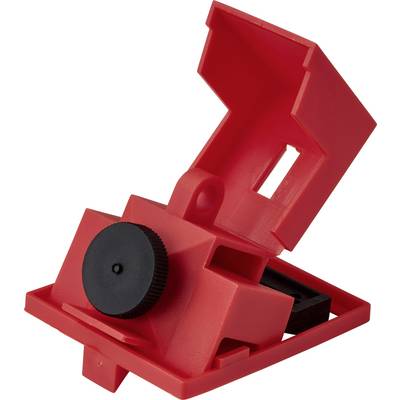 Un dispositif de condamnation de sécurité rouge avec un bouton circulaire noir, utilisé pour empêcher l'activation accidentelle d'équipements électriques pendant la maintenance.