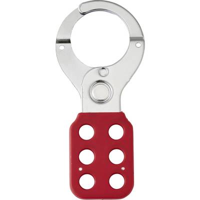 Un cadenas de consignation en argent avec un corps rouge comportant six trous, utilisé pour les procédures de sécurité visant à empêcher le fonctionnement des machines pendant la maintenance.
