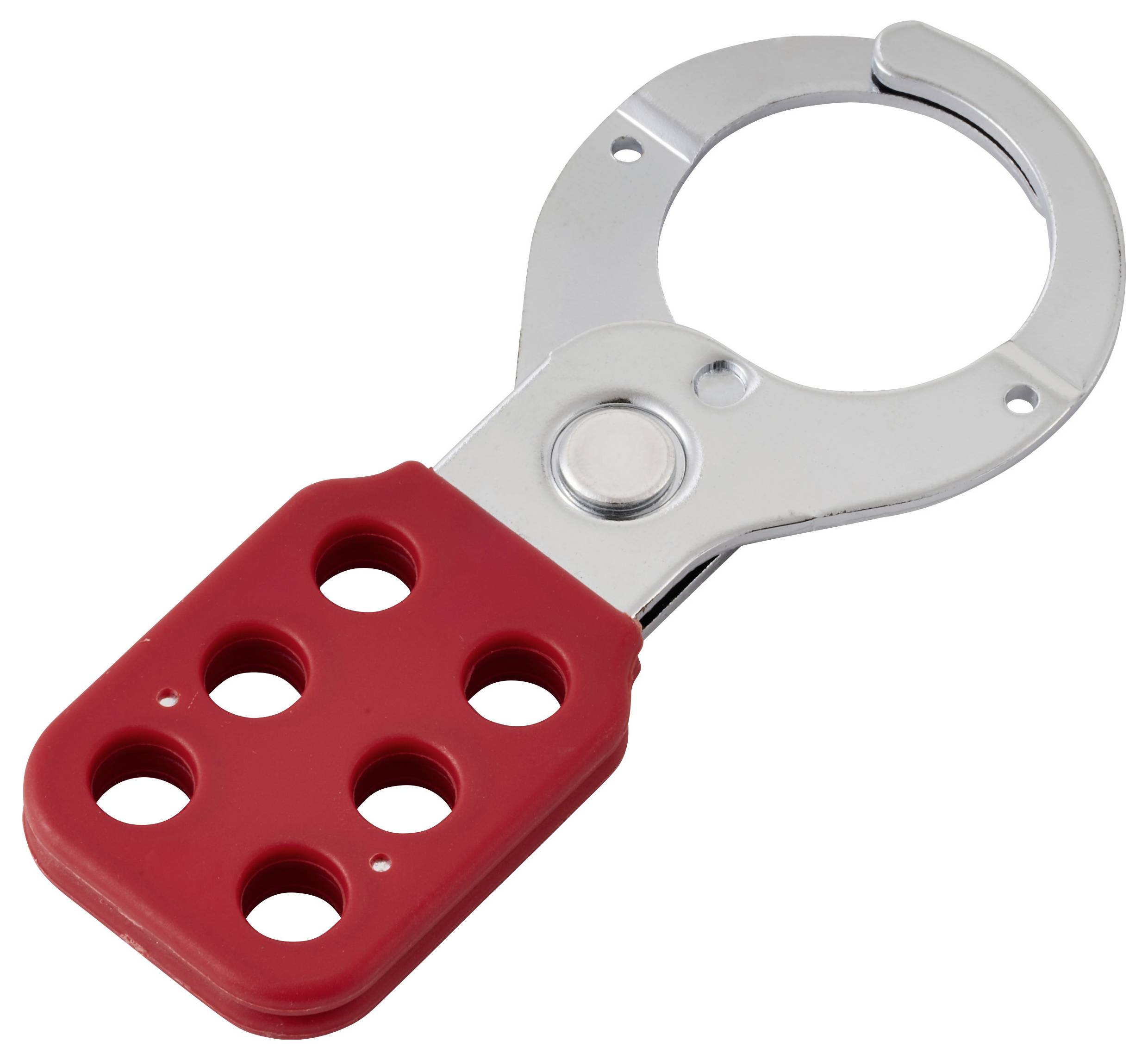 Un cadenas de condamnation métallique avec un corps rouge contenant des trous pour des cadenas, utilisé dans les procédures de sécurité pour empêcher l'utilisation d'un équipement.