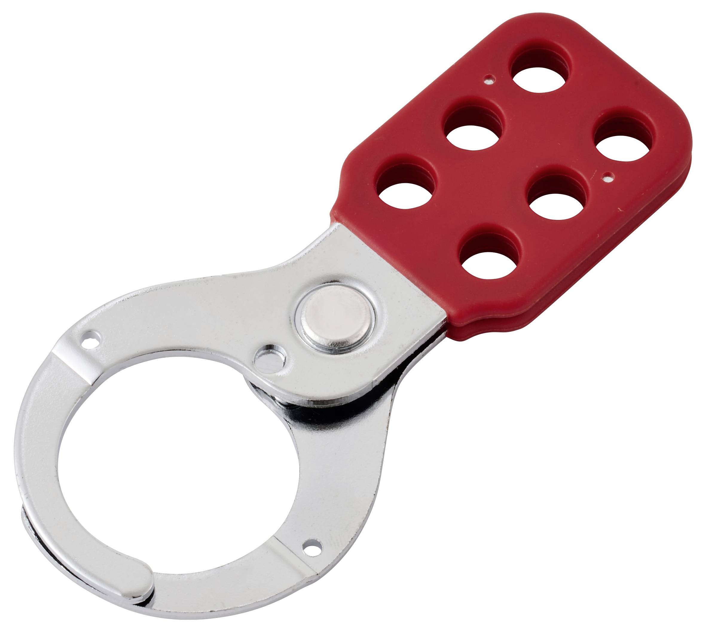 Un cadenas de consignation rouge et argent avec six trous, utilisé pour les procédures de cadenassage afin d'empêcher le fonctionnement des machines pendant la maintenance.