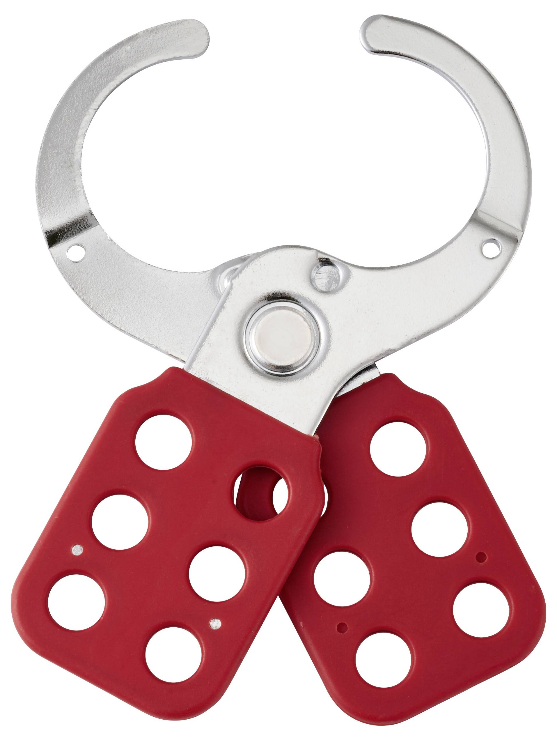 Un cadenas de consignation rouge avec fermoir métallique et plusieurs trous pour cadenas.