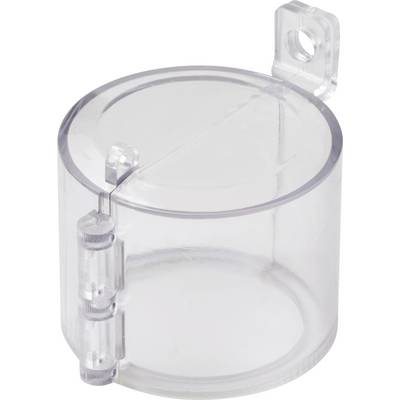 'Récipient cylindrique transparent en plastique avec un couvercle à charnière à clip et un trou de montage sur un côté.'