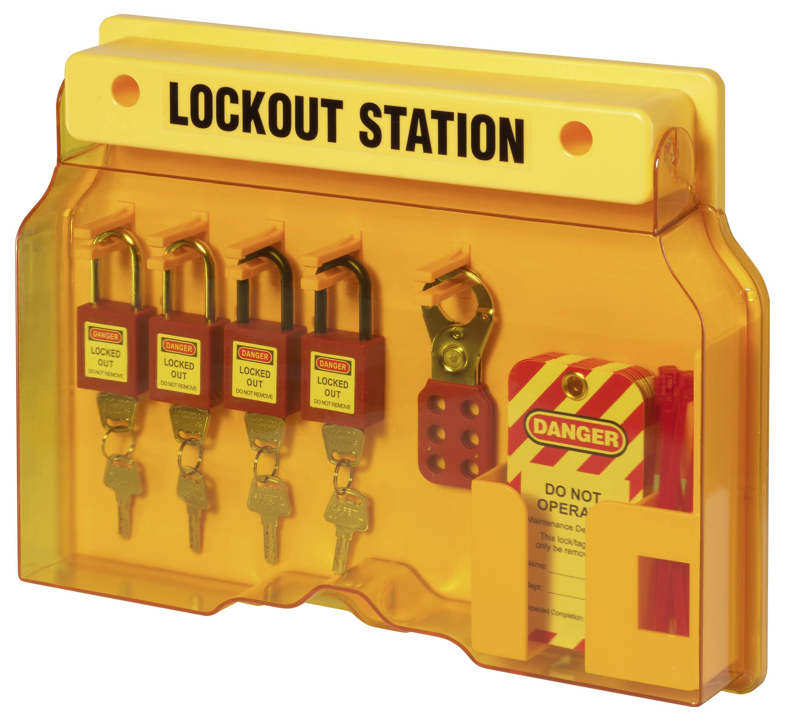 Station de consignation avec quatre cadenas, clés, étiquettes de condamnation et un étrier pour la sécurité au travail.