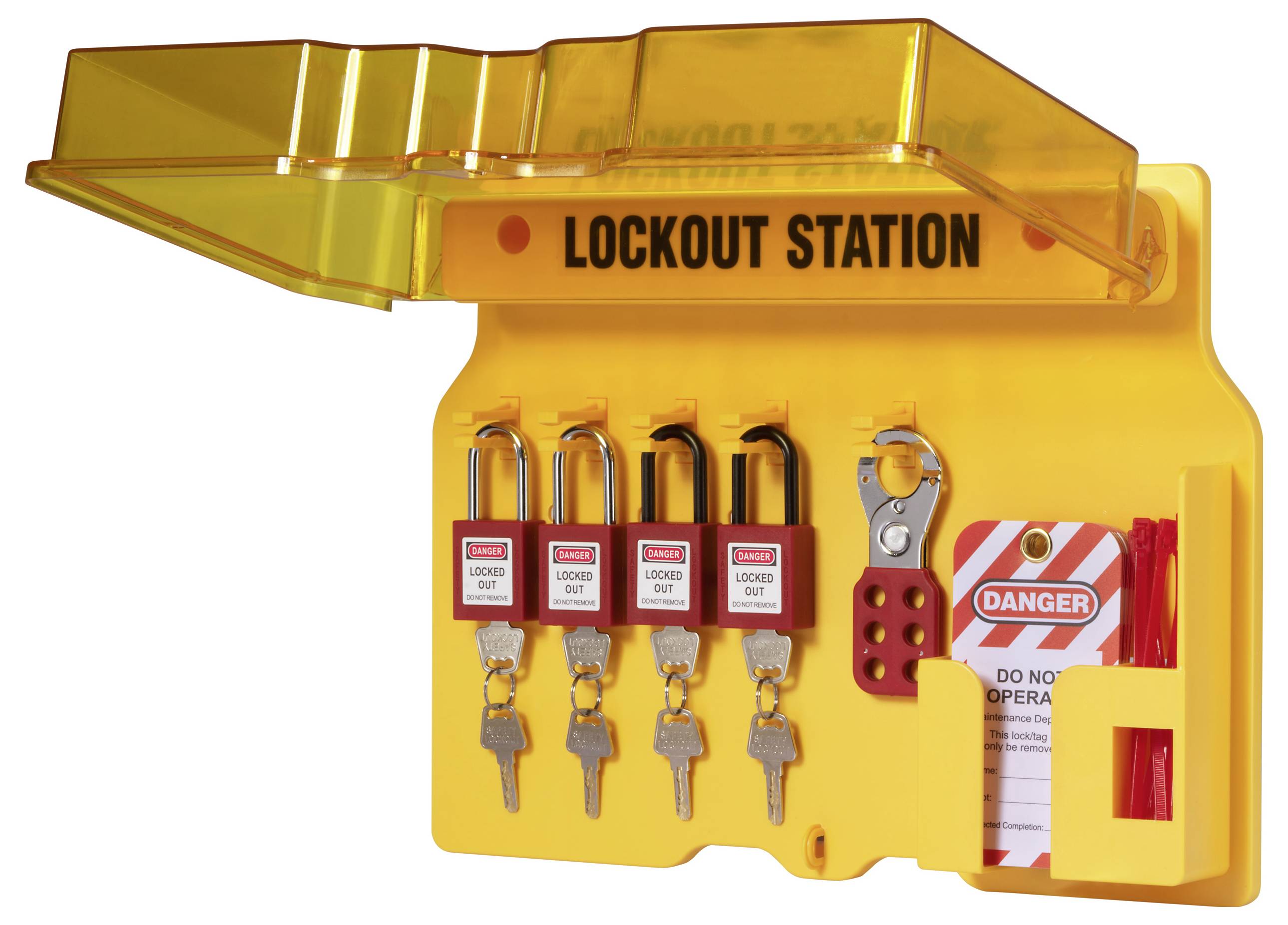 Station de condamnation avec quatre cadenas étiquetés « Verrouillé », des clés, une étiquette rouge et un panneau « Danger ». Utilisé pour les procédures de consignation de sécurité.