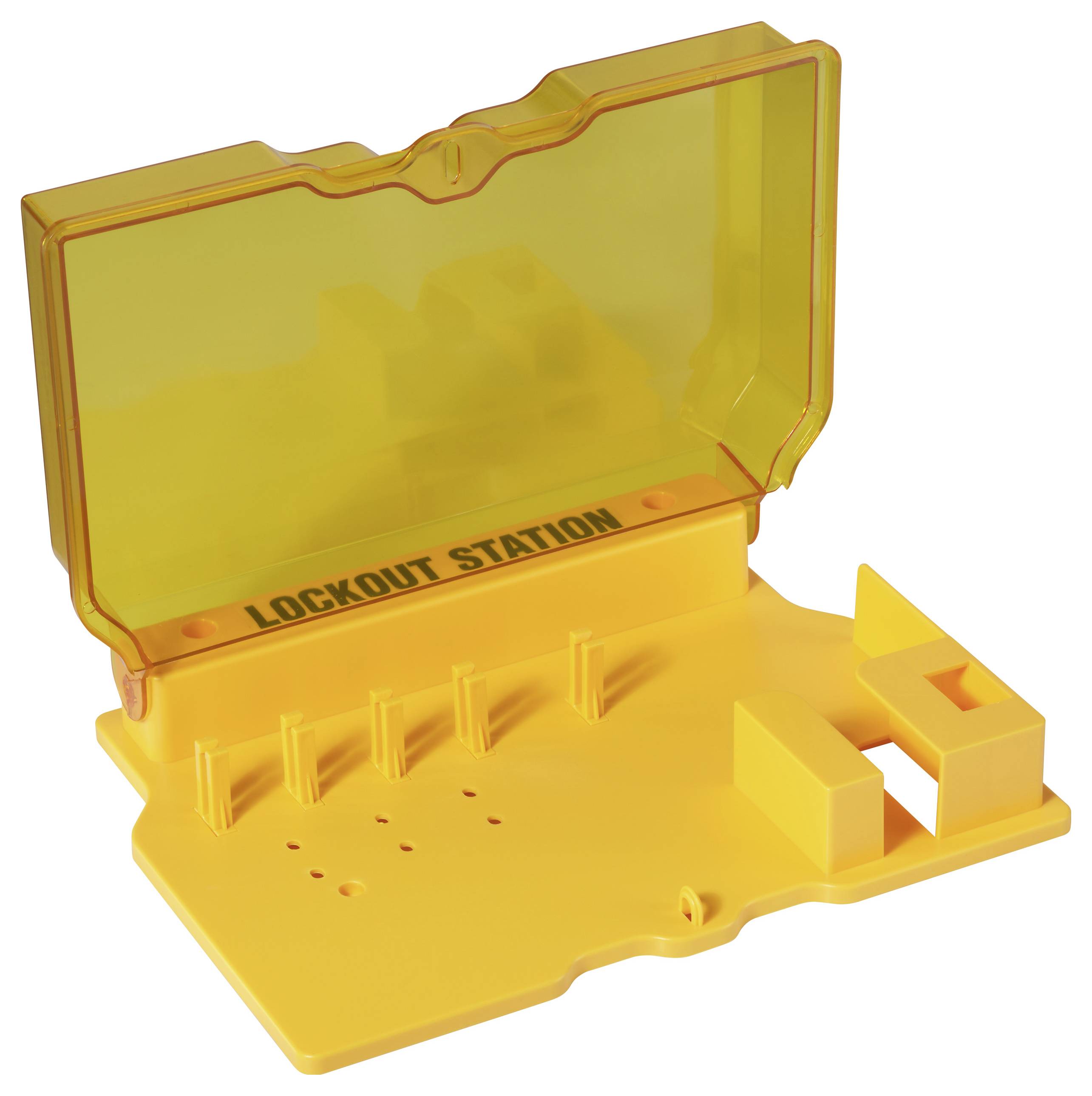 Un poste de condamnation jaune avec un couvercle transparent, étiqueté « POSTE DE CONDAMNATION », comporte des crochets pour les cadenas et des compartiments pour les étiquettes de sécurité.