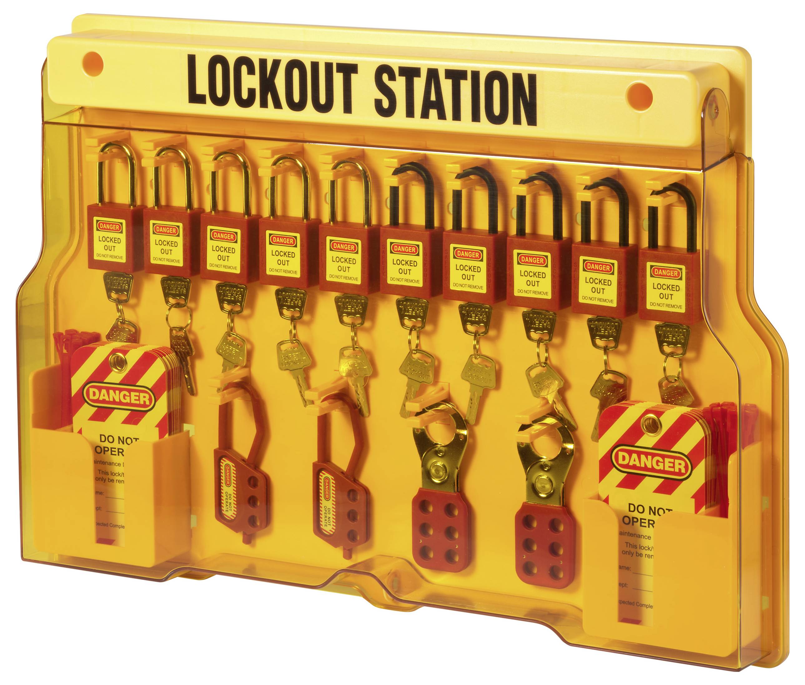 Une station de consignation jaune avec plusieurs cadenas, étiquettes et dispositifs de cadenassage. La station est étiquetée « STATION DE CONSIGNATION » en haut.