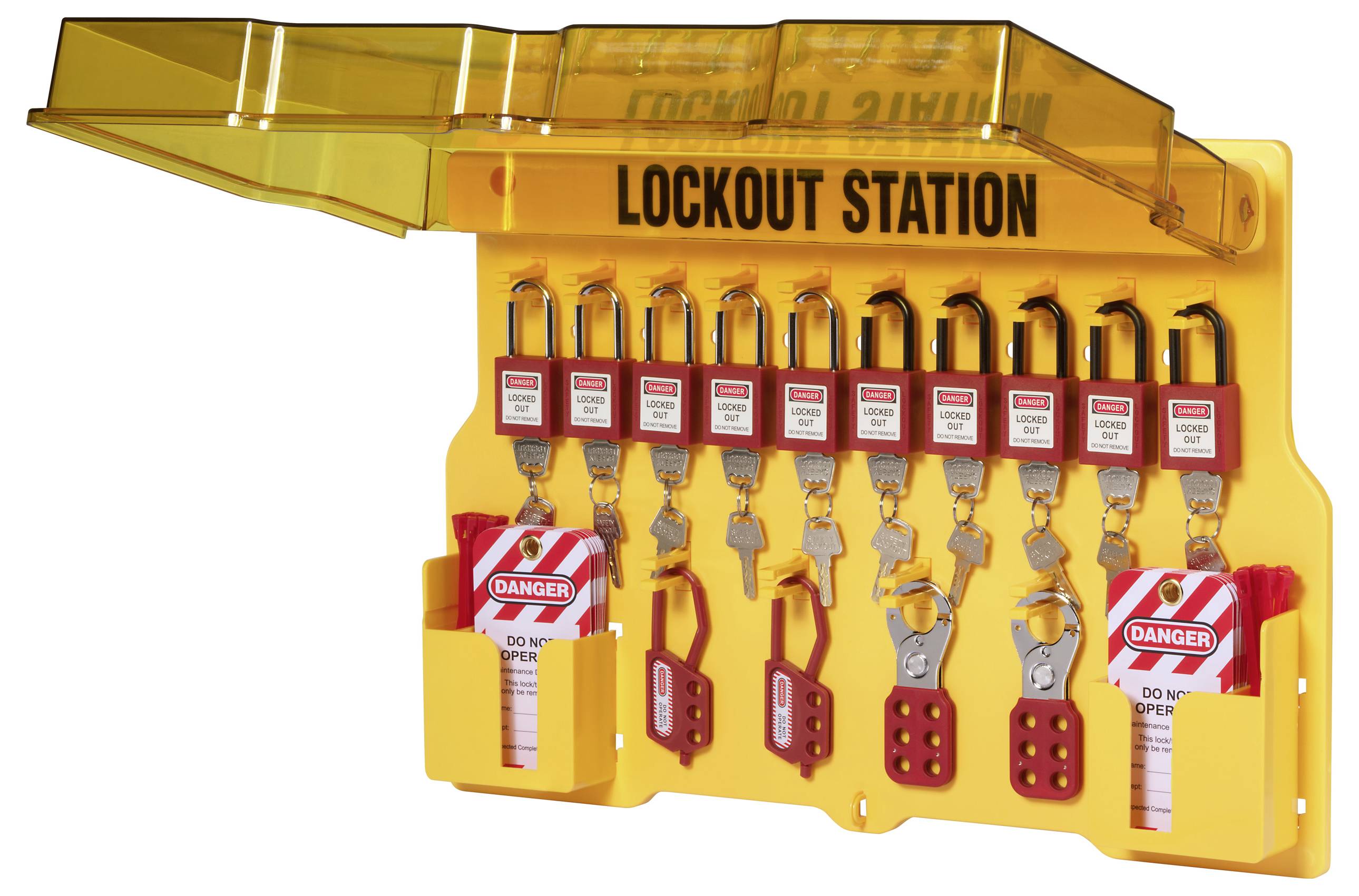Station de condamnation avec huit cadenas et clés fixés sur un panneau jaune. Des étiquettes de danger sont suspendues en dessous, utilisées pour les procédures de consignation de sécurité.