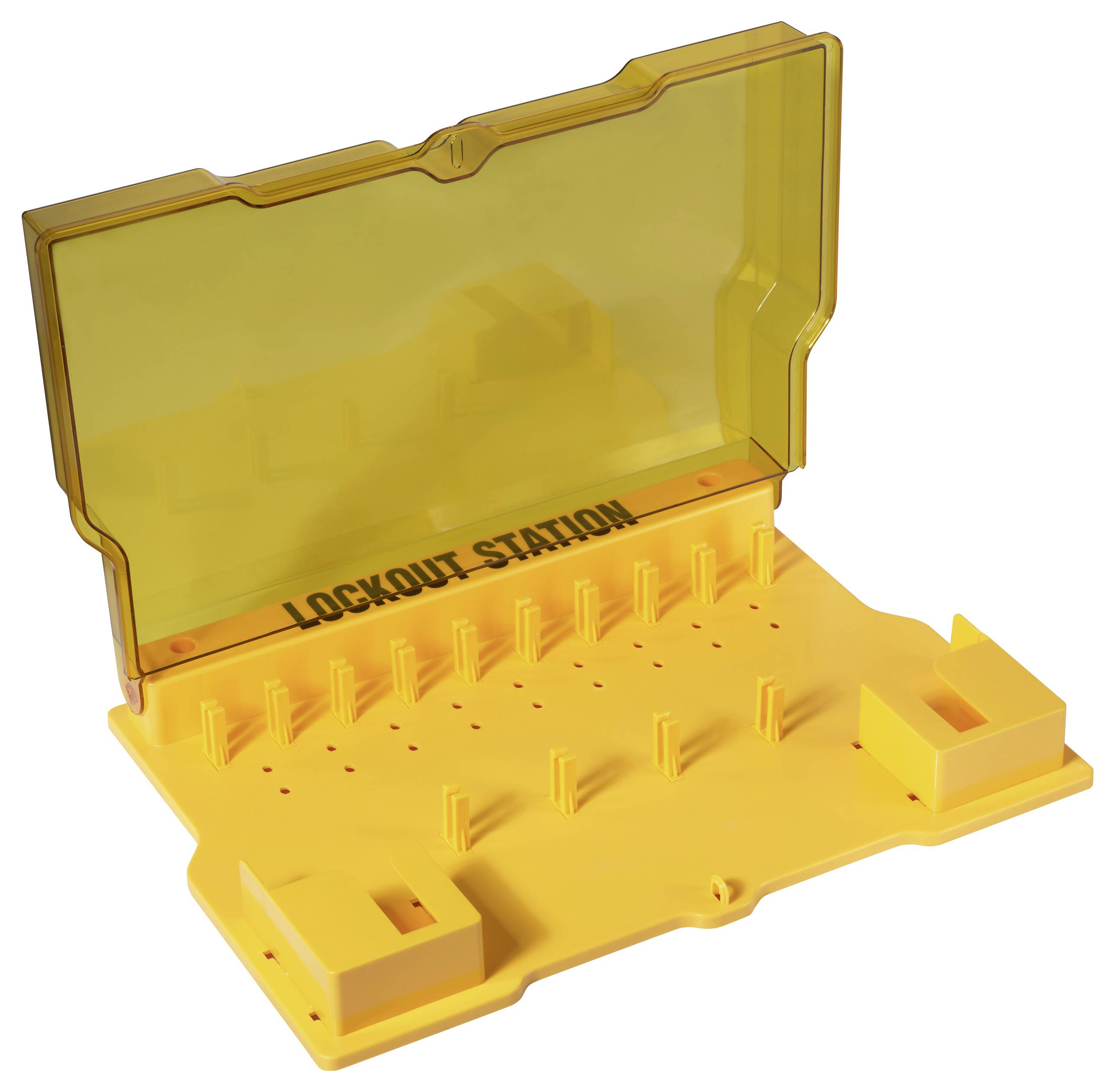 Station de condamnation jaune avec un couvercle transparent, étiquetée « Station de condamnation », conçue pour contenir plusieurs cadenas de sécurité.
