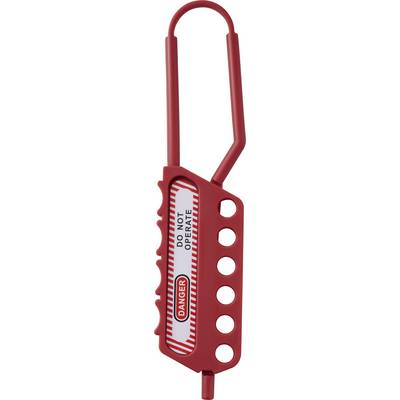 Condamnation de sécurité rouge avec étiquette « Danger Ne Pas Manœuvrer » comportant plusieurs trous pour l'insertion de cadenas.