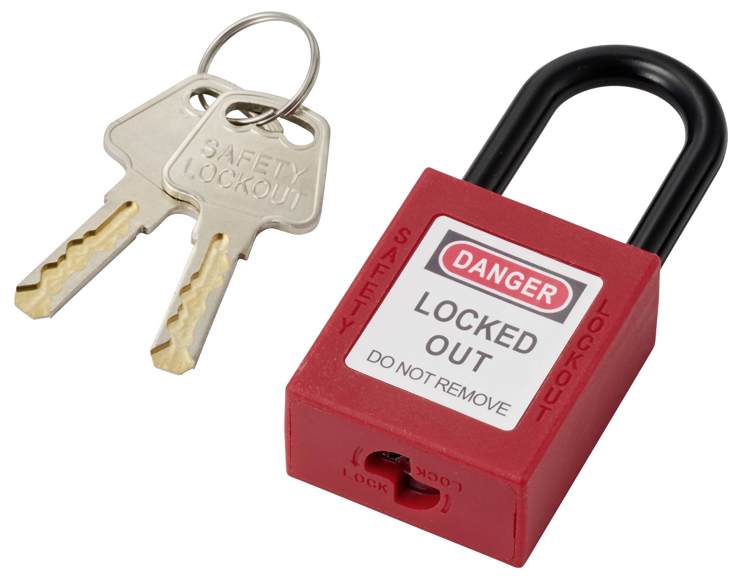 Cadenas rouge avec un panneau "Danger Verrouillé" et deux clés de sécurité placées à côté.