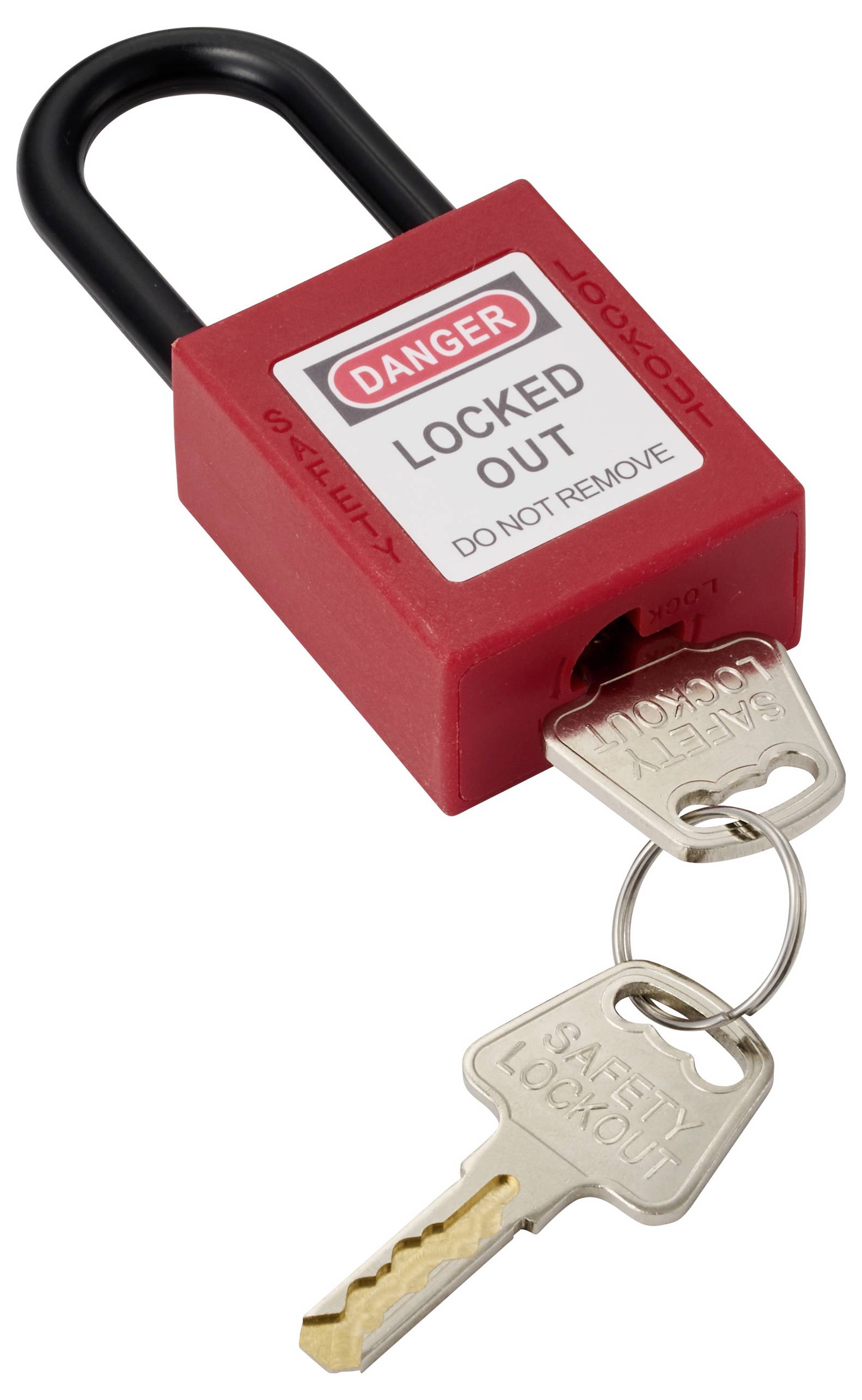Cadenas rouge avec l'étiquette « Danger Verrouillé Ne Pas Enlever » ; deux clés attachées étiquetées « Verrouillage de Sécurité ».
