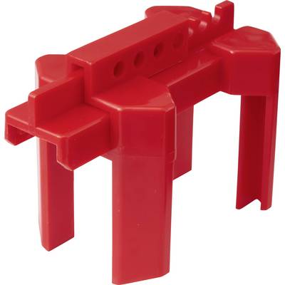 Un bloc en plastique rouge ressemblant à un élément avec quatre pattes et des découpes rectangulaires, couramment utilisé dans les jouets de construction pour enfants.