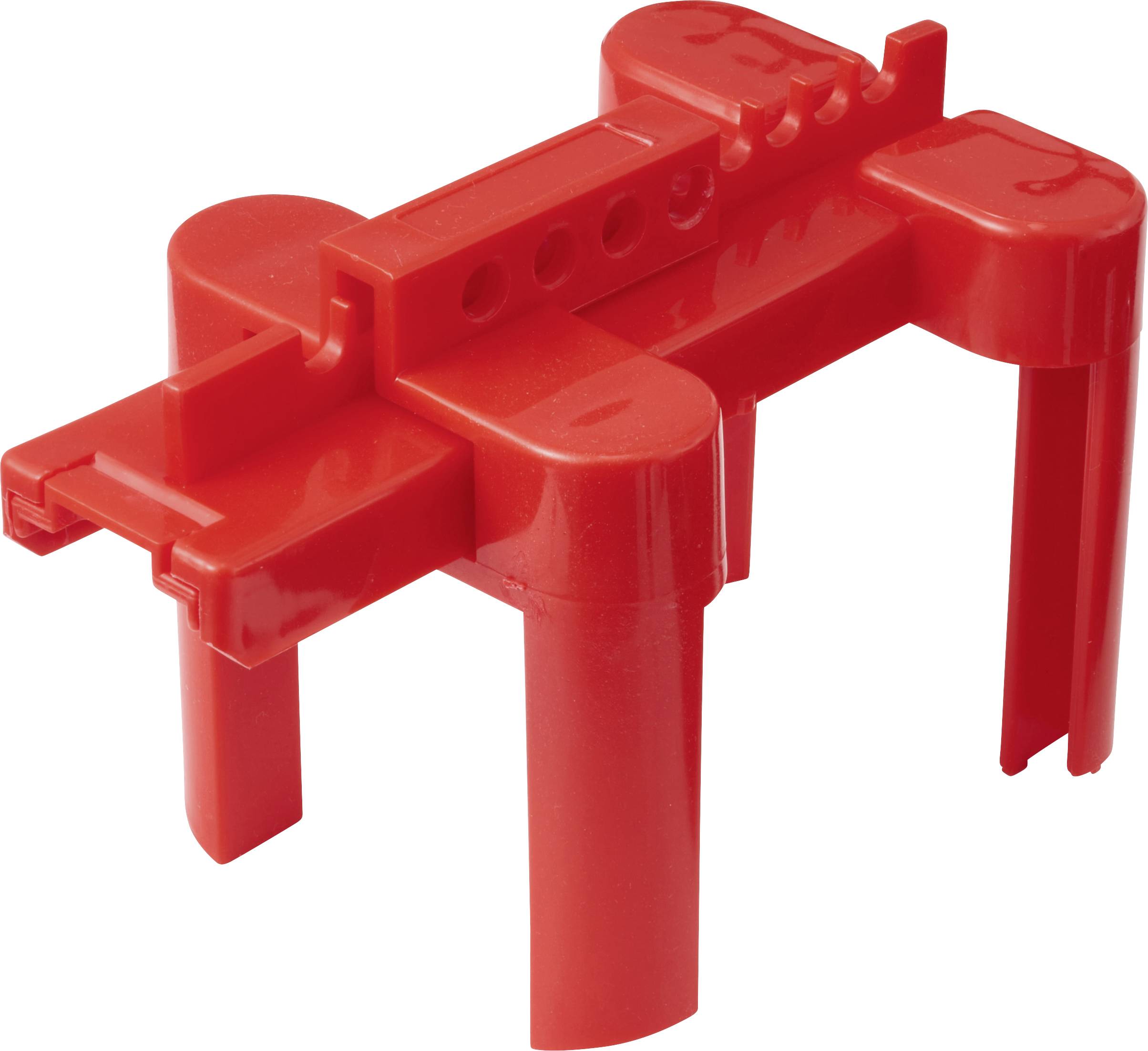 Un bloc de construction en plastique rouge, façonné comme un petit animal à quatre pattes avec un sommet plat.