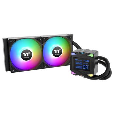 Un refroidisseur de processeur liquide Thermaltake avec deux ventilateurs RGB et une unité de contrôle affichant des informations de température, utilisé pour le refroidissement informatique.