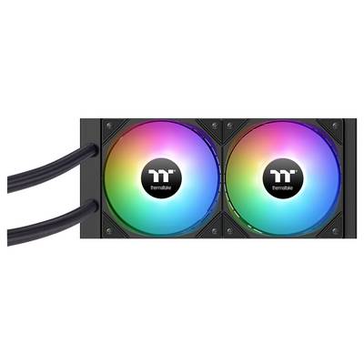 Deux ventilateurs RGB Thermaltake avec câbles attachés. Les ventilateurs affichent un spectre de couleurs, indiquant des fonctionnalités d'éclairage personnalisables.