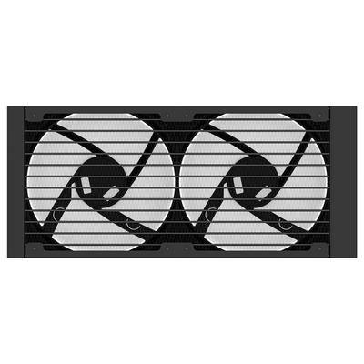 « Image d'un système de refroidissement à double ventilateur avec une grille noire horizontale. Les ventilateurs sont grands, blancs et positionnés côte à côte. »
