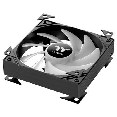 Un ventilateur de refroidissement pour ordinateur carré avec un cadre noir et des pales blanches, arborant un logo au centre. Il comprend des supports de fixation.