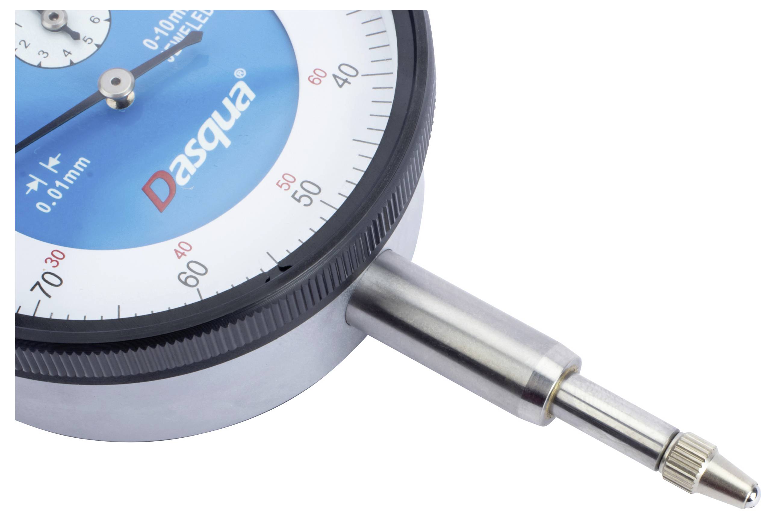 Un indicateur de cadran bleu et blanc montrant des mesures en millimètres, avec une sonde métallique s'étendant sur son côté.