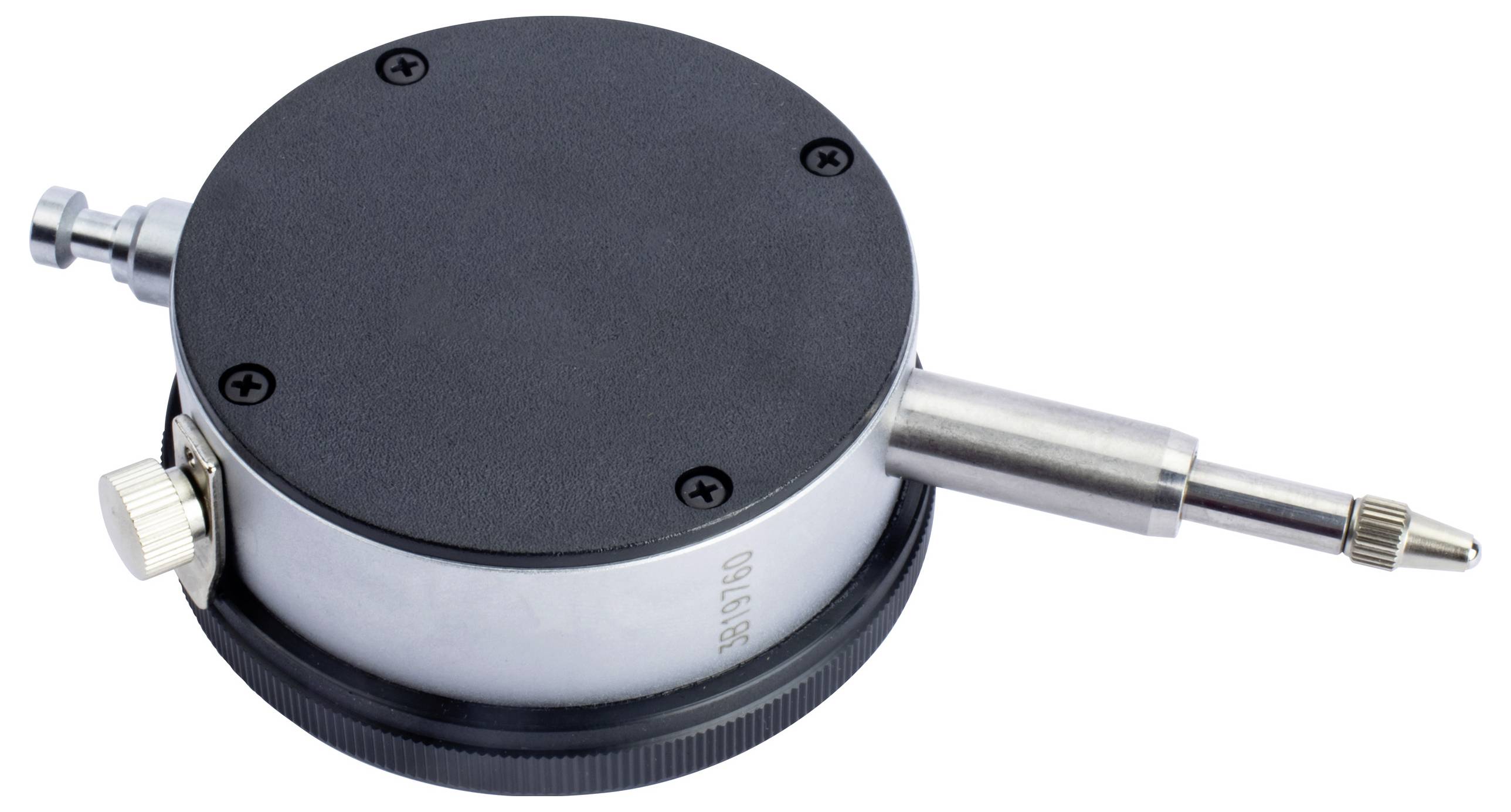Un gros plan sur un comparateur, un instrument de mesure de précision avec un cadran circulaire noir et une tige métallique s'étendant sur le côté.
