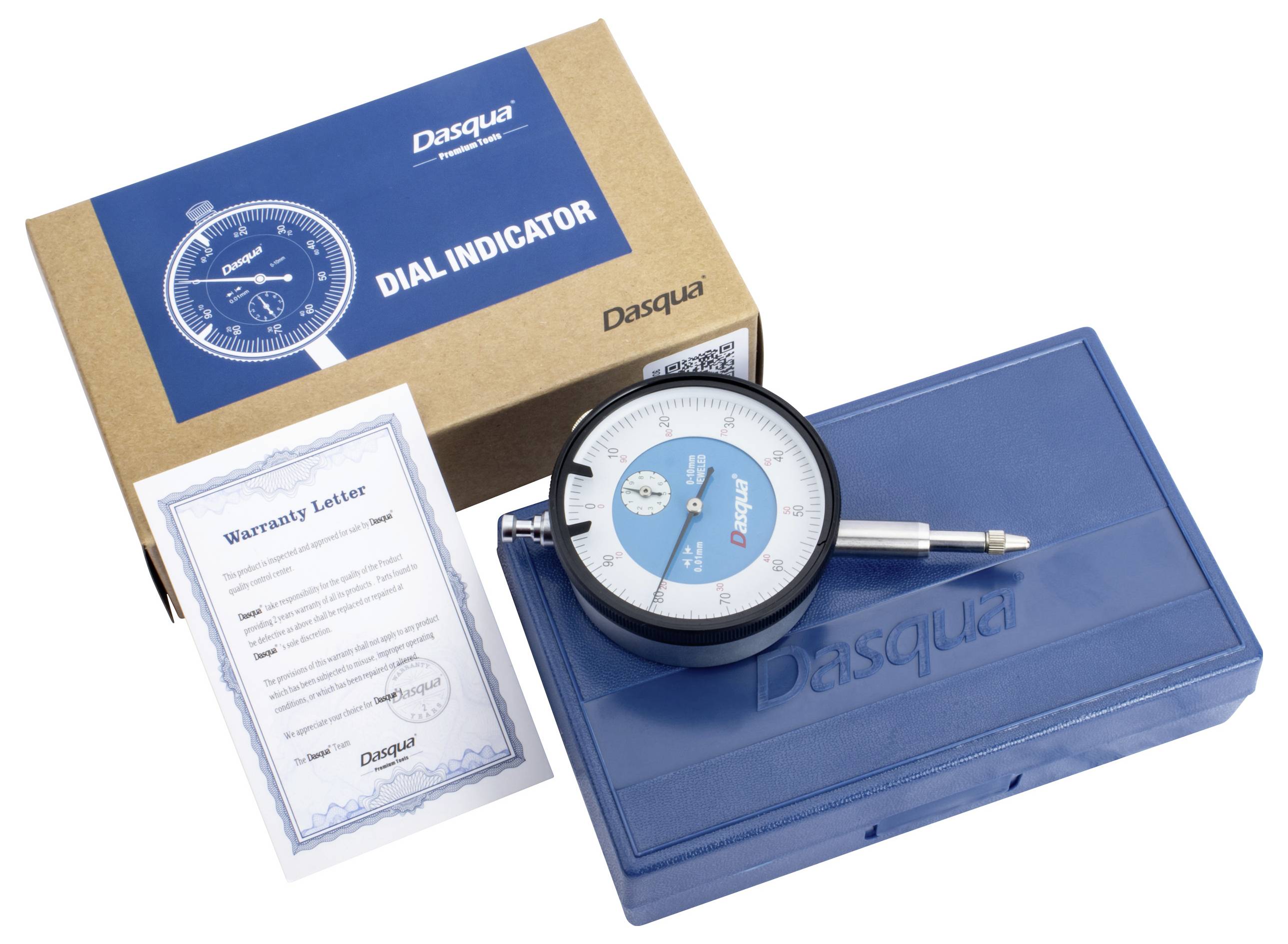 Un indicateur de cadran bleu avec un boîtier bleu, une lettre de garantie et un emballage de produit affichant la marque « Dial Indicator ».