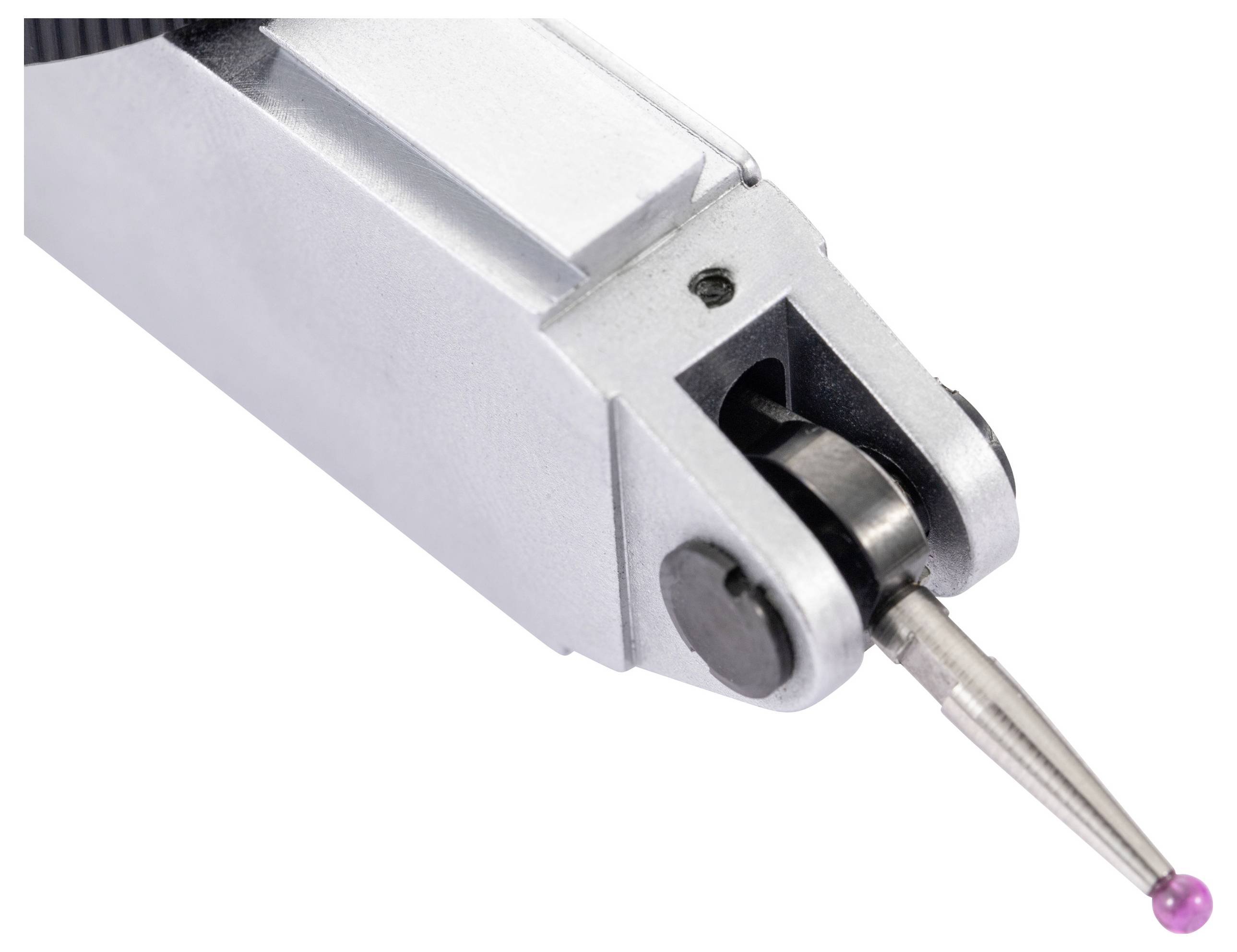 Un gros plan d'un outil de mesure de précision avec une sonde à pointe rose, probablement utilisé pour une inspection dimensionnelle précise.
