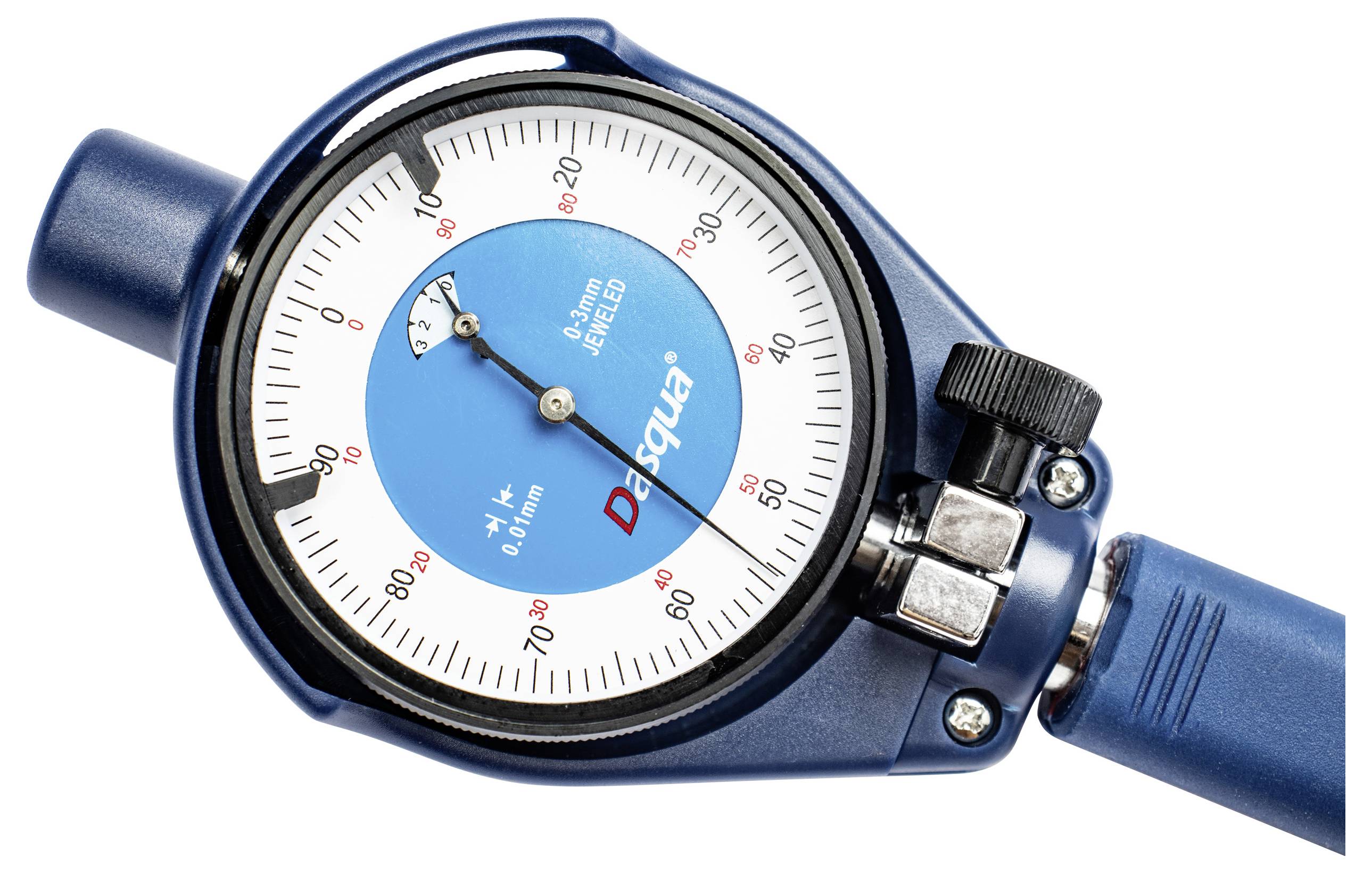 Jauge d'épaisseur analogique bleue affichant des mesures de 0 à 10 mm, avec une échelle de précision graduée par incréments de 0,01 mm.