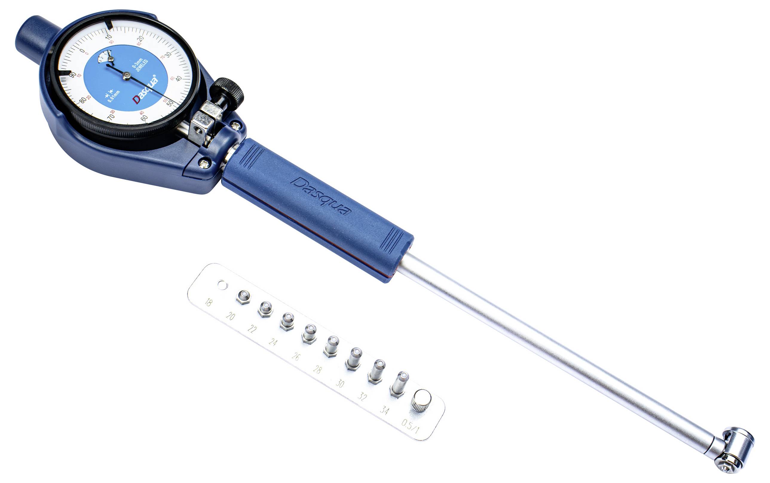 Une clé dynamométrique numérique bleue avec un cadran circulaire et une échelle de mesure est présentée à côté d'une bande contenant différentes tailles de douilles.