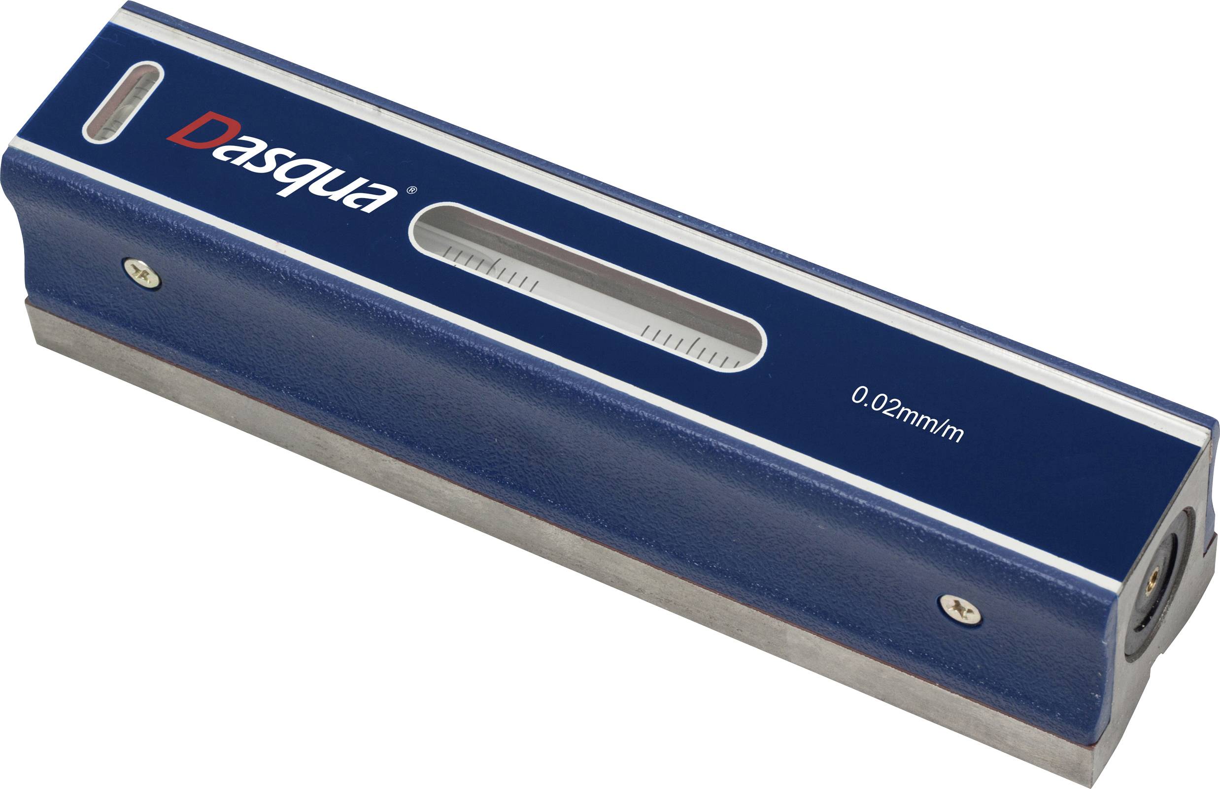 Un outil de nivellement de précision Dasqua bleu avec une échelle de mesure de 0,02 mm/m visible sur le dessus, utilisé pour vérifier la planéité des surfaces.