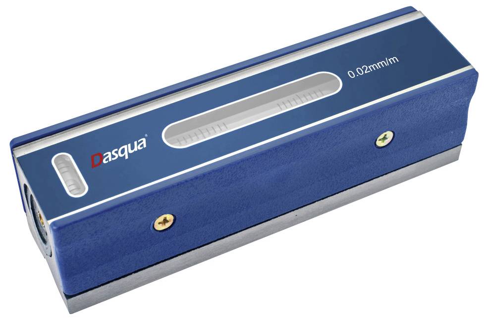 Niveau numérique à boîtier bleu, portant la marque 'dasqua', avec un tube de niveau à bulle et une précision de mesure de '0,02 mm/m' pour un nivellement de précision.