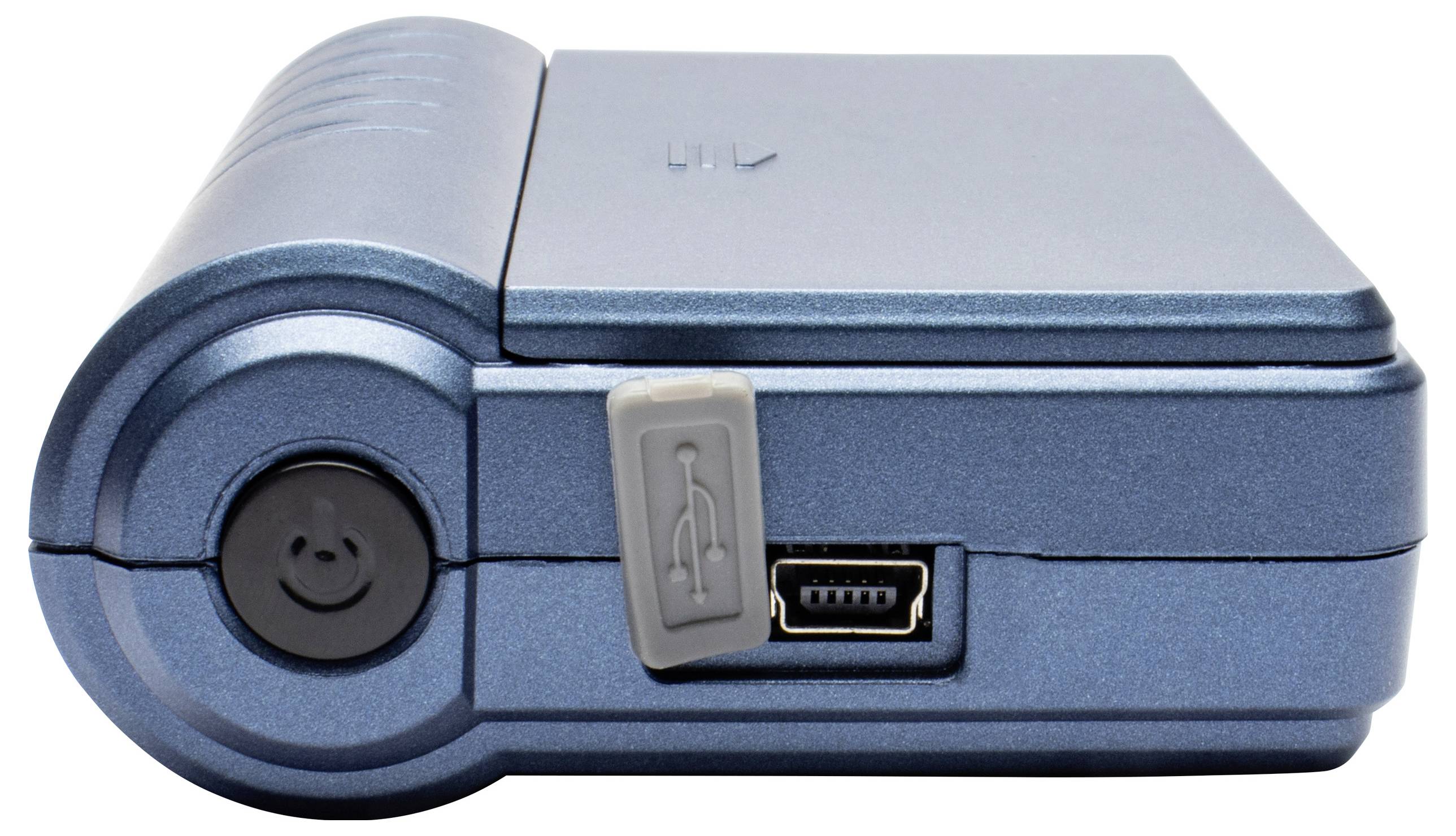 Un petit disque dur externe portable de couleur bleue, doté d'un port USB sur le côté, avec un bouton marche/arrêt et un couvercle de protection pour le port.