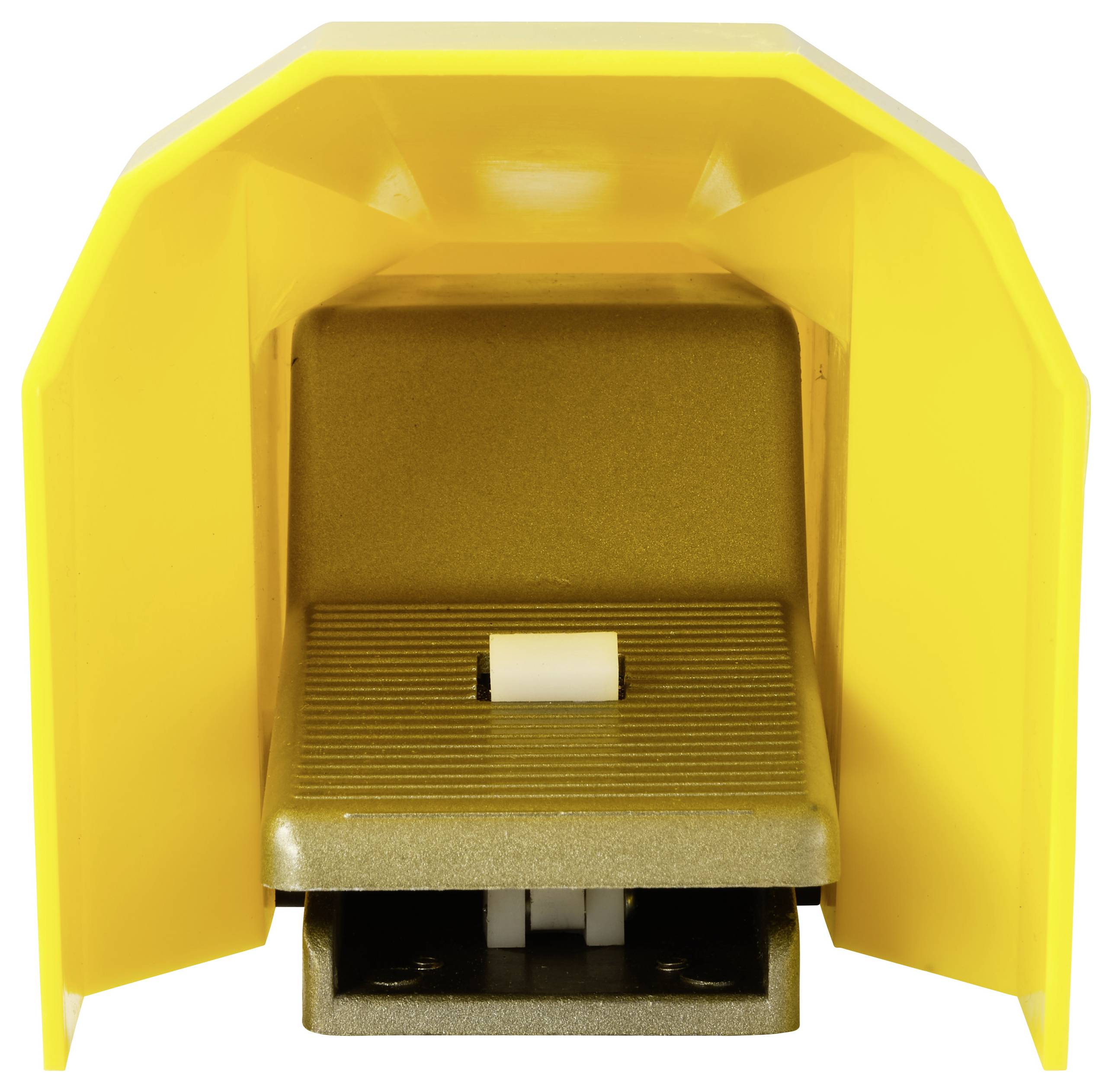 Un interrupteur de sécurité jaune à pédale, avec un capot de protection, utilisé dans les environnements industriels pour contrôler les opérations des machines de manière sûre.