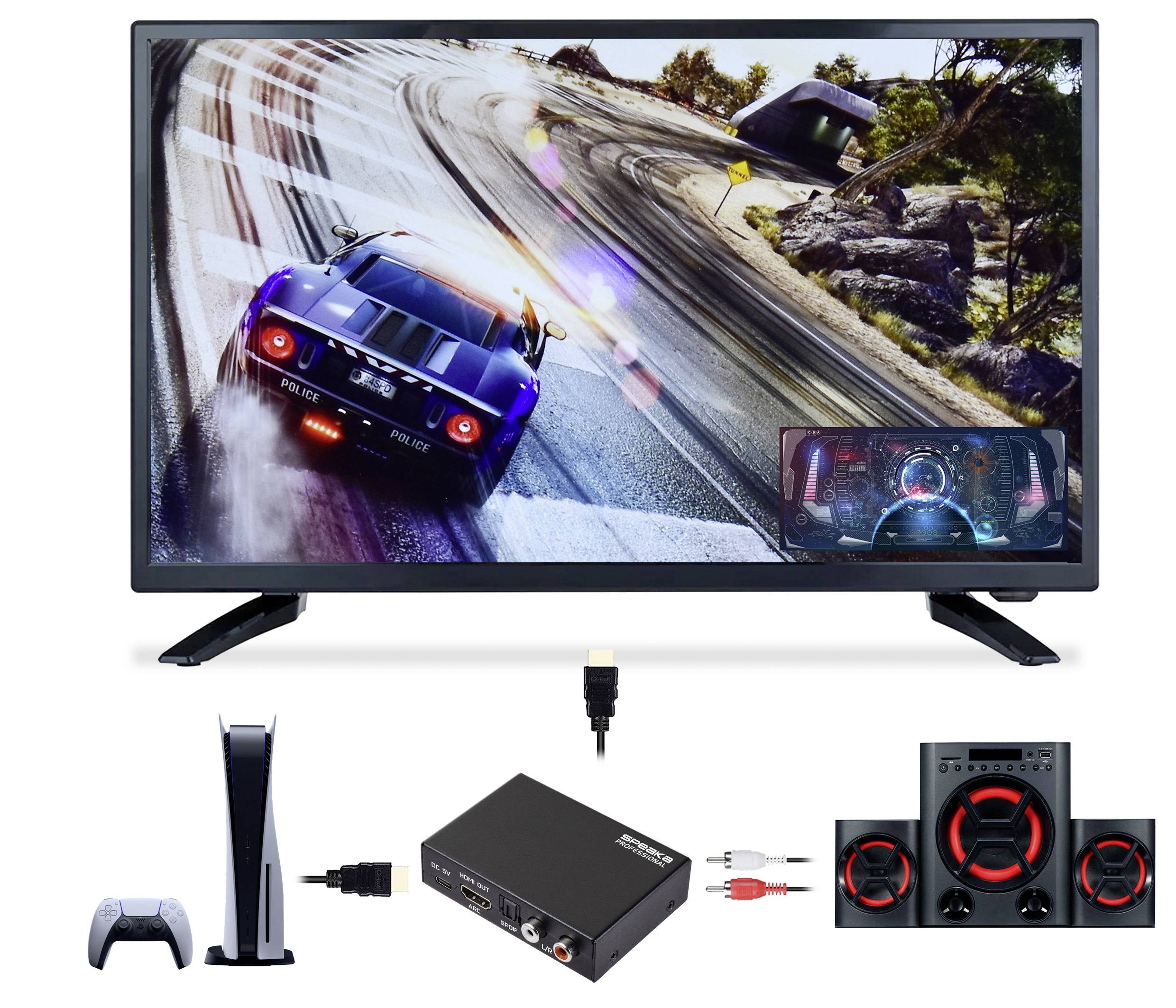 Un jeu vidéo est affiché sur un téléviseur montrant une voiture de course sur un circuit. En dessous, on trouve des accessoires de jeu : une console, une manette et des enceintes.