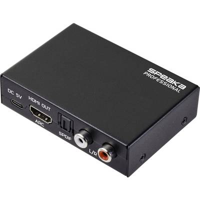Convertisseur audio compact avec marquage de marque 'speakA professional', doté de ports pour DC 5V, sortie HDMI, ARC, SPDIF et connexions audio L/R.