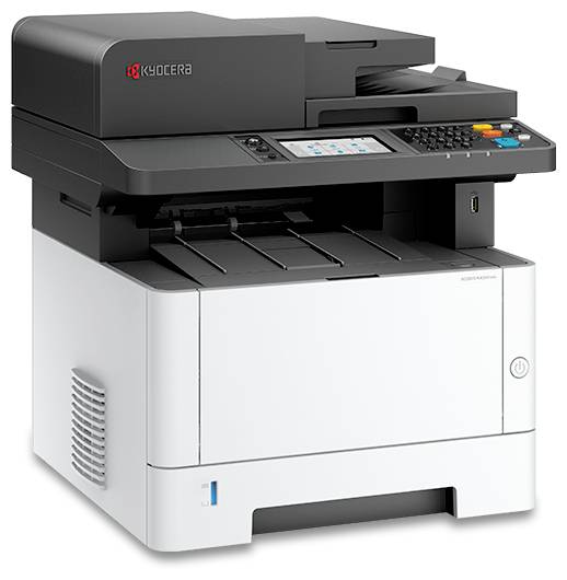 Un imprimante multifonction Kyocera noir et blanc avec scanner et écran numérique, conçue pour une utilisation bureautique.